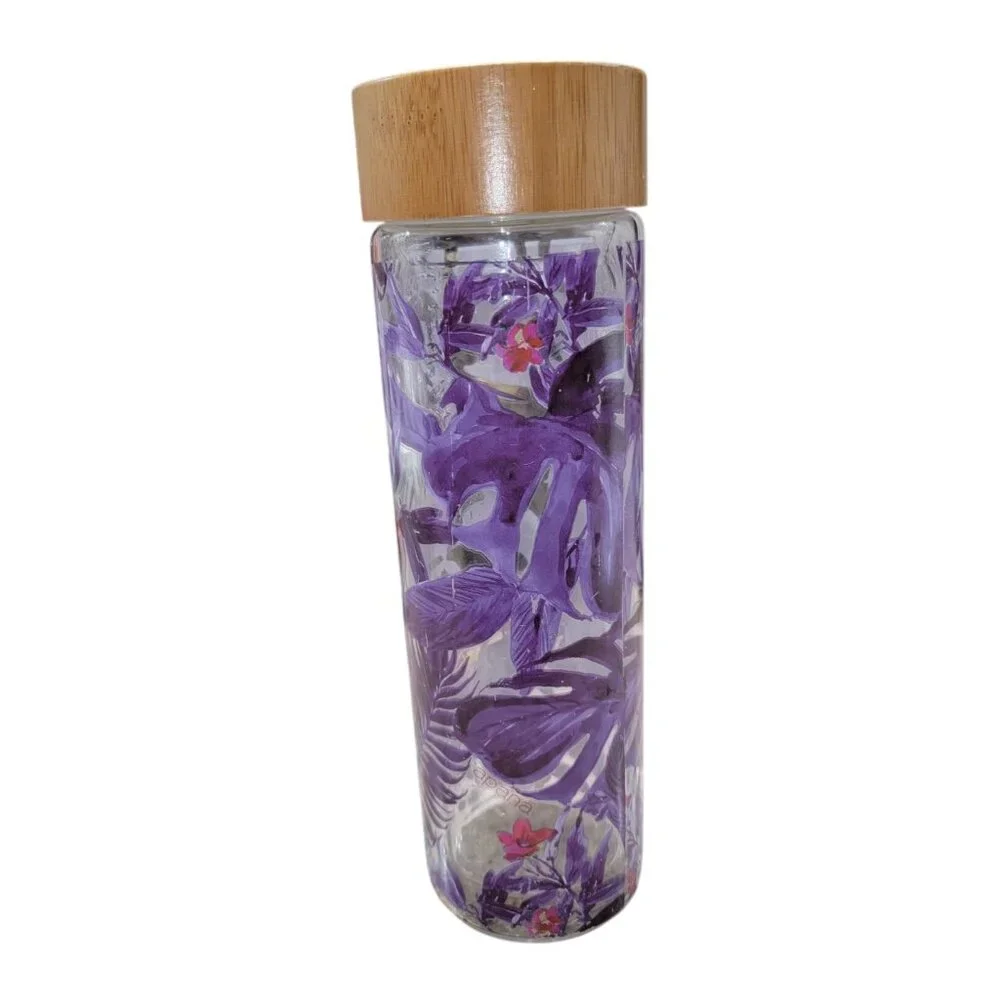 Glass Water Bottle With Bamboo Lid & Floral Design - Picture 3 of 7